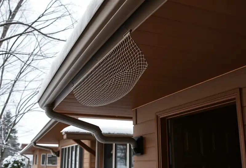 Illustration of house eave with a gutter and mesh gutter guard in a 1953-era home