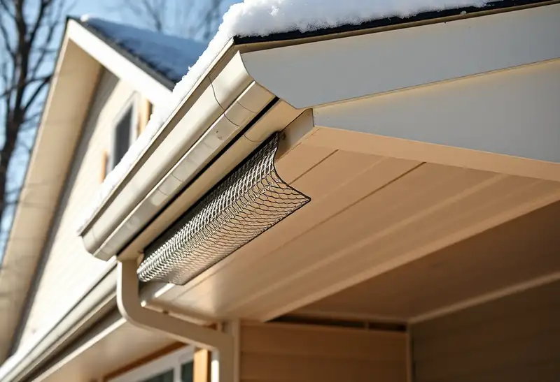 Illustration of house eave with a gutter and mesh gutter guard in a 1953-era home