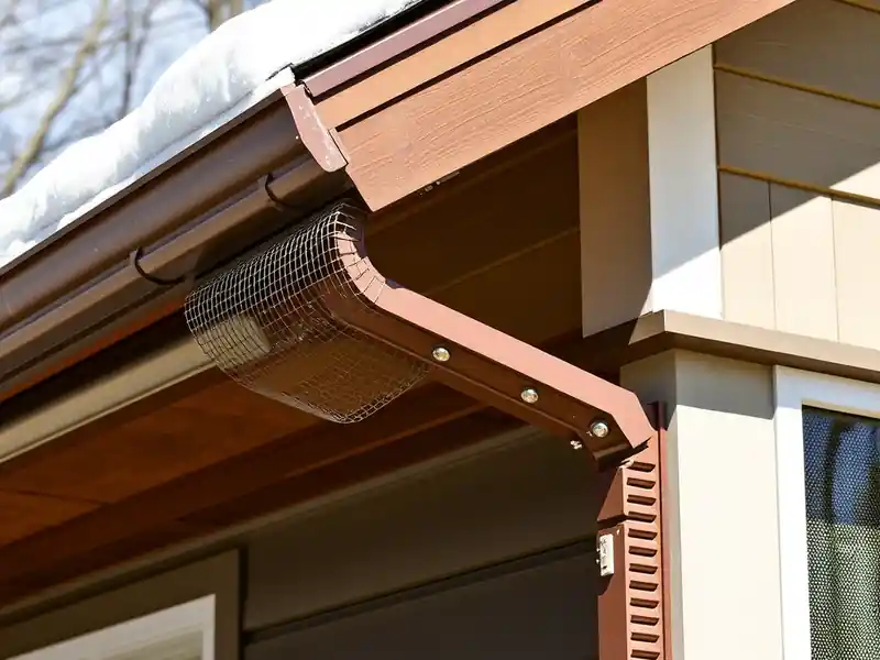 Illustration of close-up of materials and finishes of house eave with a gutter and mesh gutter guard in a 1953-era home
