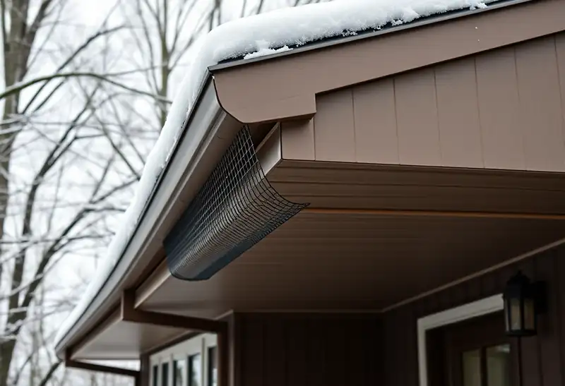 Illustration of house eave with a gutter and mesh gutter guard in a 1953-era home