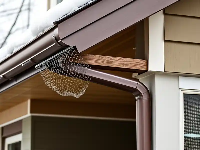 Illustration of close-up of materials and finishes of house eave with a gutter and mesh gutter guard in a 1953-era home