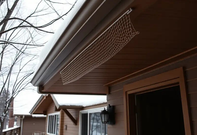 Illustration of house eave with a gutter and mesh gutter guard in a 1953-era home