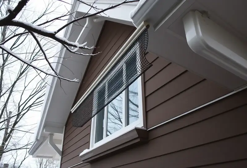 Illustration of house eave with a gutter and mesh gutter guard in a 1953-era home