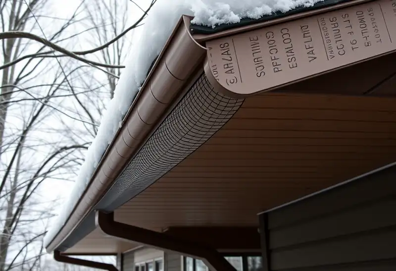 Illustration of house eave with a gutter and mesh gutter guard in a 1953-era home