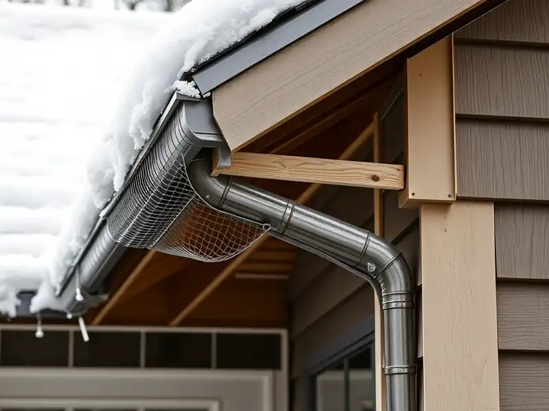 Illustration of close-up of materials and finishes of house eave with a gutter and mesh gutter guard in a 1953-era home