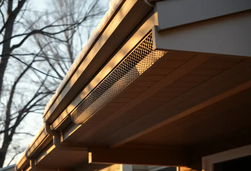 Illustration of house eave with a gutter and mesh gutter guard in a 1953-era home