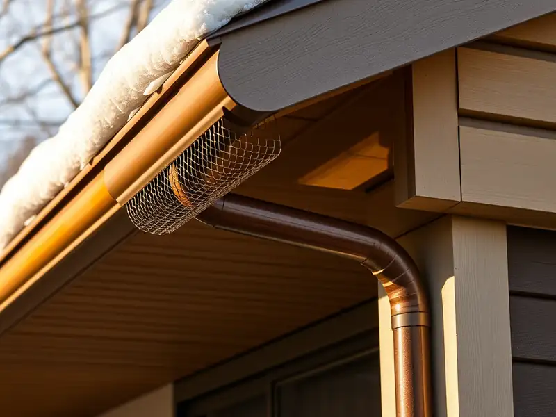 Illustration of close-up of materials and finishes of house eave with a gutter and mesh gutter guard in a 1953-era home