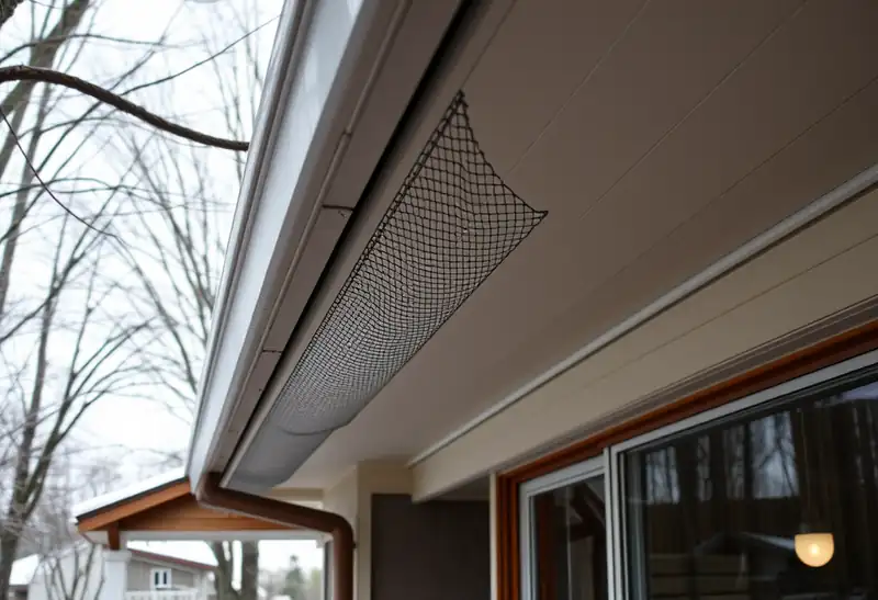 Illustration of house eave with a gutter and mesh gutter guard in a 1953-era home