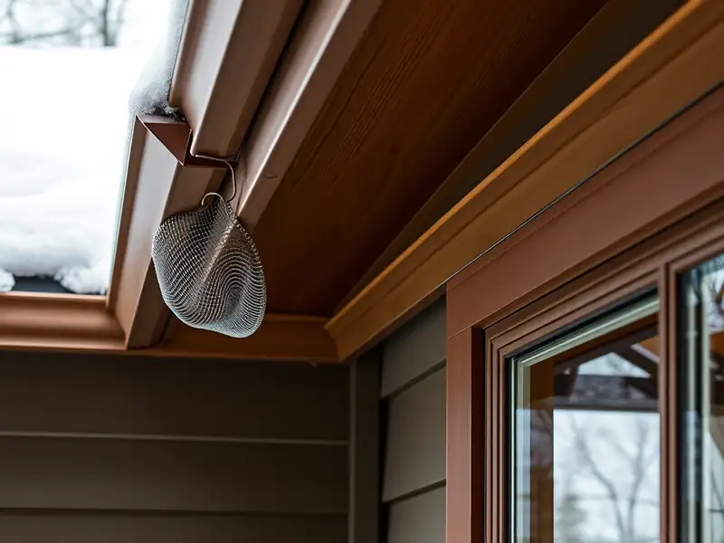 Illustration of close-up of materials and finishes of house eave with a gutter and mesh gutter guard in a 1953-era home